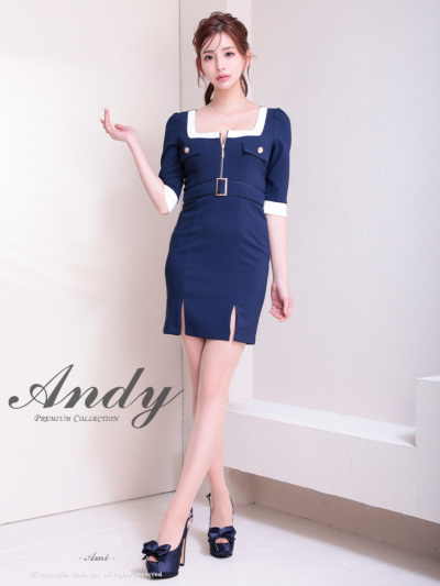Andy ネイビー レース付きドレス Andy/アンディ】ギャザーデザイン リボン ハイネック ジップ