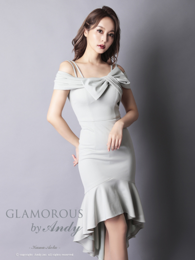 【Mac Duggal】クレープ 7分袖 アシンメトリーヘムドレス M/L】レーストップスヘム裾ドレス（Cグレー）DPSET0771の
